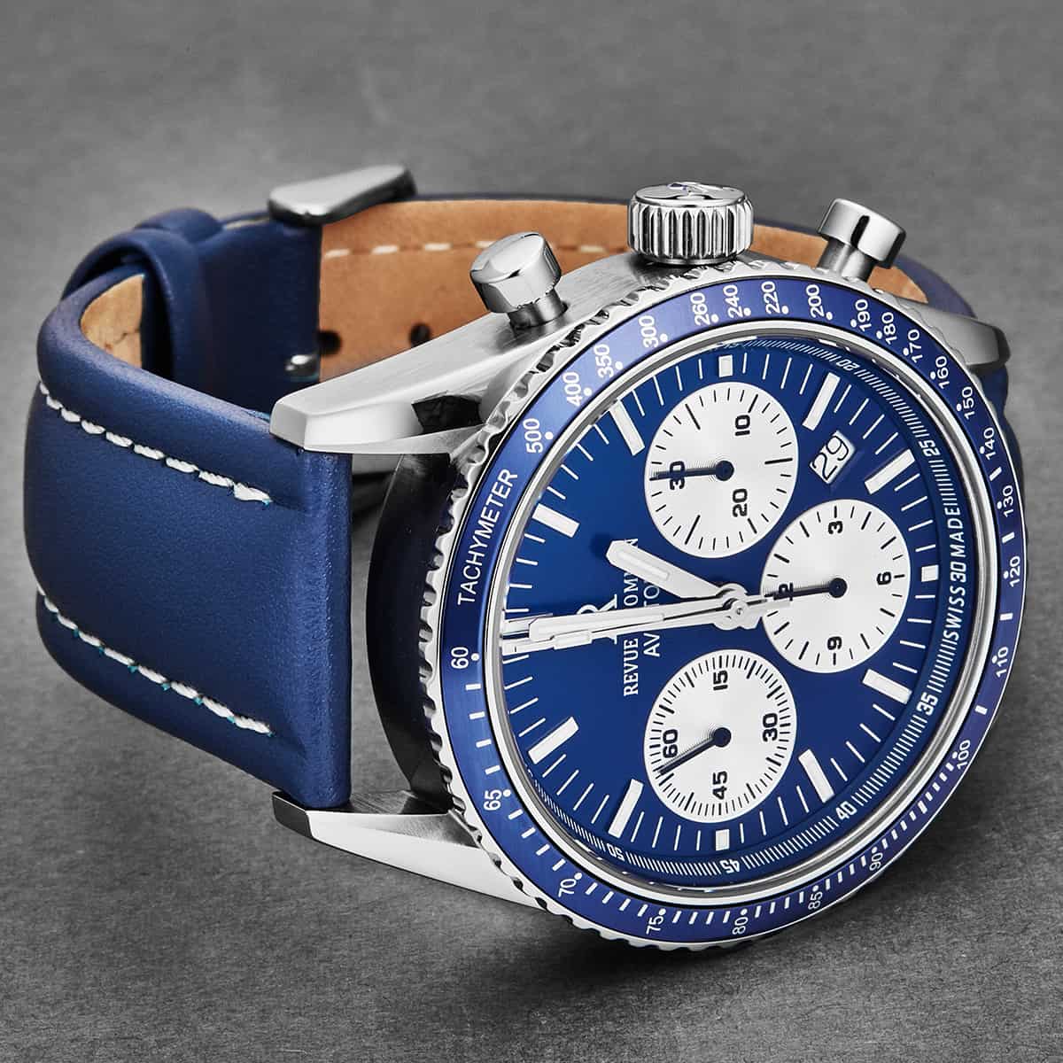 Revue Thommen Aviator Men's Blue Leather Chronograph Automatic Watch - Image 3