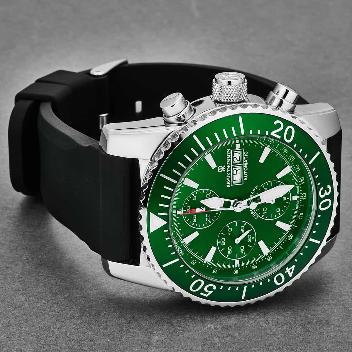 Revue Thommen Diver Men's Green Rubber Strap Chronograph Automatic Watch - Image 2