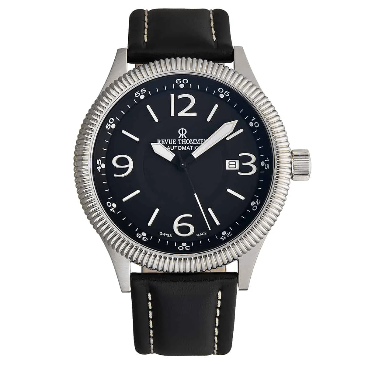 Revue Thommen Pilot Men's Black Dial Leather Strap Stainless Steel Automatic Watch
